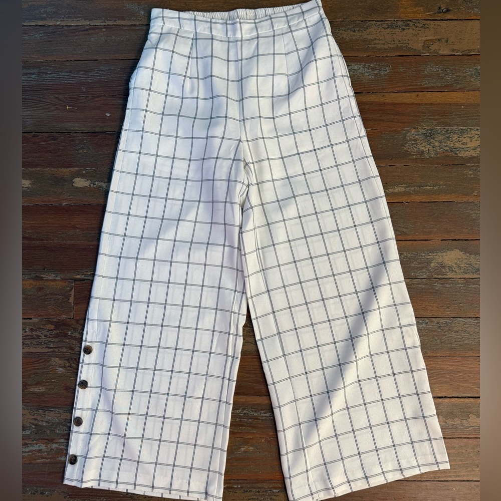 Skies Are Blue Windowpane Plaid Wide Leg Crop Pull On Pants Button Hem Sz S ๐๐ - Picture 5 of 8